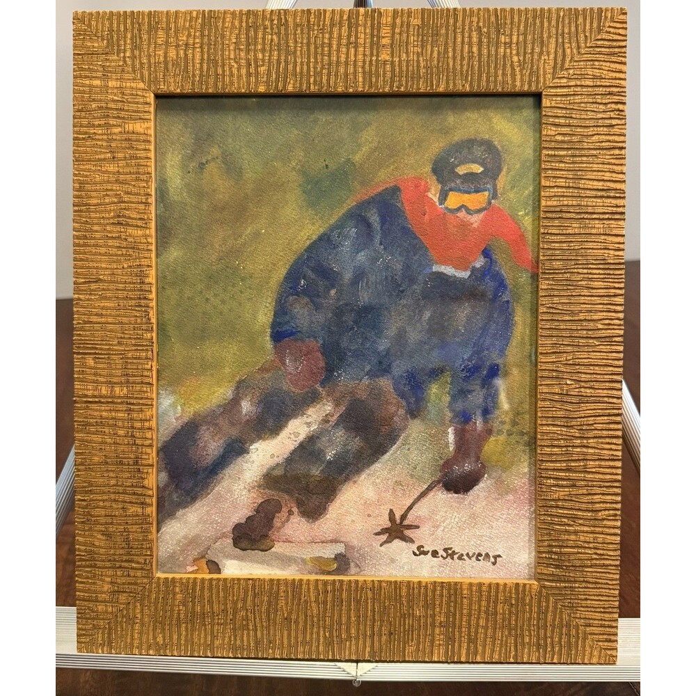 Sue Stevens Signed Original Framed Skier Painting Small